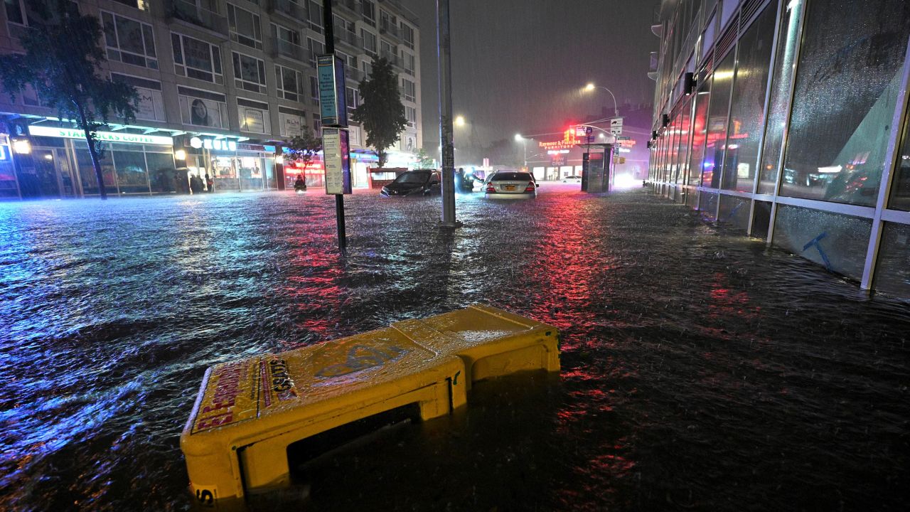 Stalled cars caught in a flash flood near Queens Boulevard in the New York City borough of Queens on September 1, 2021