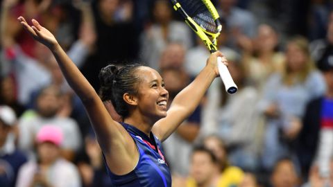 Canada's Leylah Fernandez celebrates after winning her third round match against Japan's Naomi Osaka.