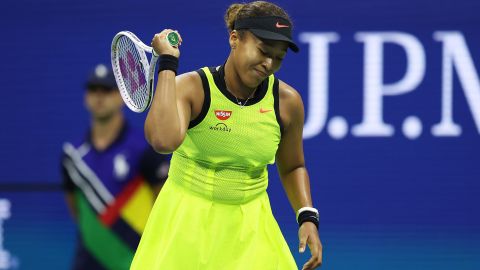 Defending US Open champion Naomi Osaka reacts during her third round match against Leylah Fernandez on September 3, 2021.