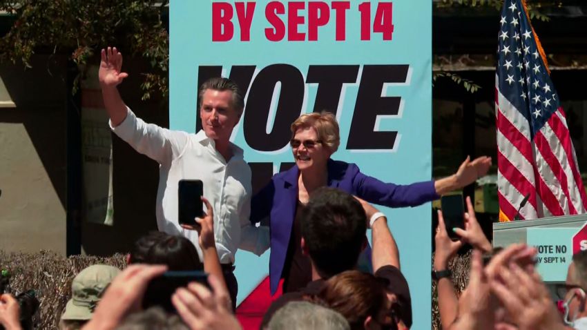California Gov. Gavin Newsom holds a CA Recall Election event with Sen. Elizabeth Warren on Sept 4, 2021.