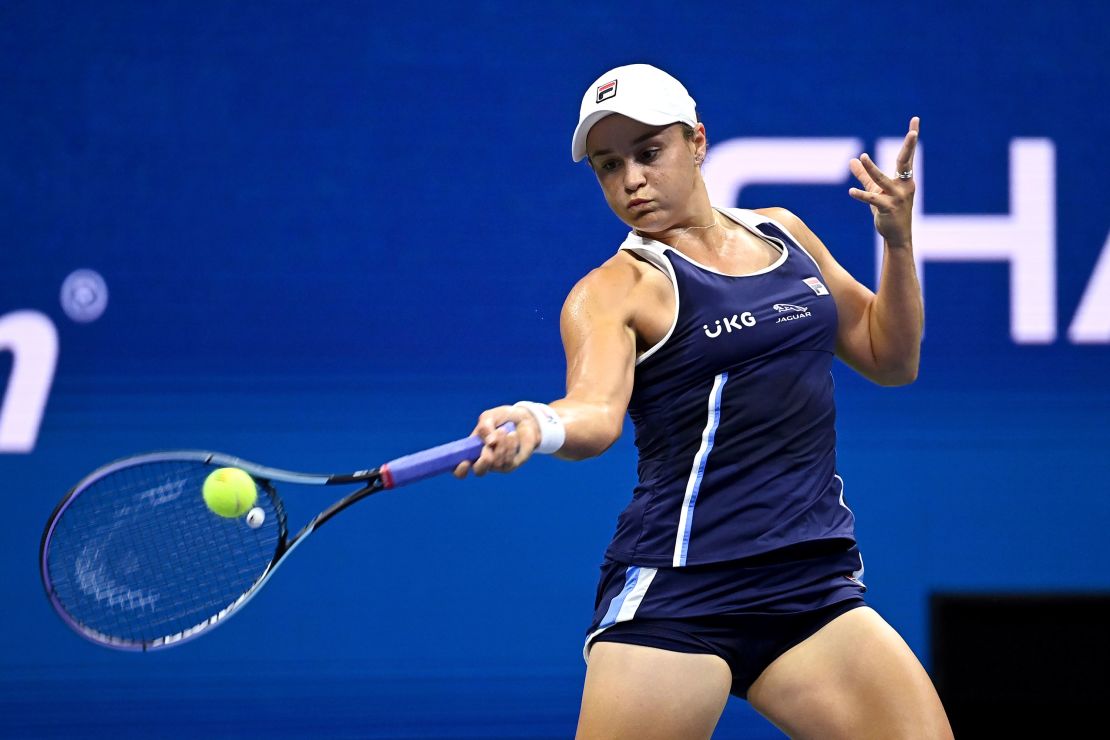 Australia's Ashleigh Barty in action during her women's singles match against Shelby Rogers at the 2021 US Open, Saturday, in New York.