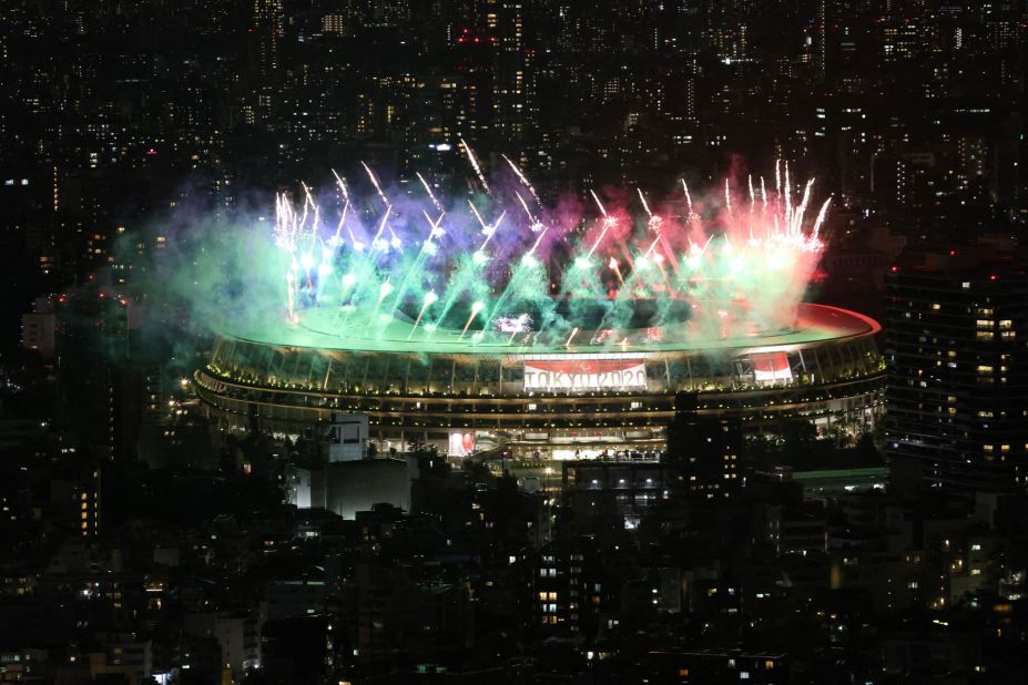 Fireworks light up the sky above the National Stadium during the closing ceremony.