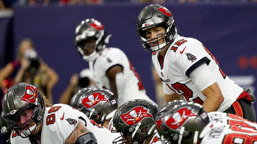 HOUSTON, TEXAS - AUGUST 28: Tom Brady #12 of the Tampa Bay Buccaneers during action in the first quarter during a NFL preseason game against the Houston Texans at NRG Stadium on August 28, 2021 in Houston, Texas. (Photo by Bob Levey/Getty Images)