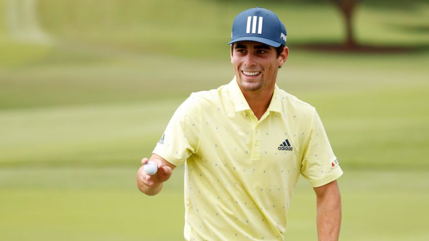 ATLANTA, GEORGIA - SEPTEMBER 05: Joaquin Niemann of Chile celebrates after finishing on the 18th green during the final round of the TOUR Championship on September 05, 2021 in Atlanta, Georgia. Niemann played his round in 1 hour 53 minutes.  (Photo by Cliff Hawkins/Getty Images)
