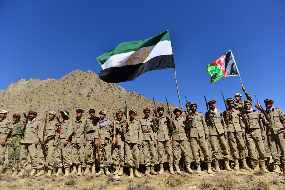 Afghan resistance movement and anti-Taliban uprising forces take part in a military training at Malimah area of Dara district in Panjshir province on September 2.