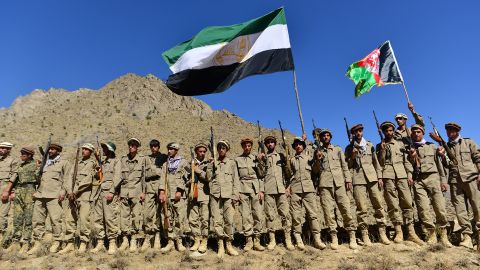 Afghan resistance movement and anti-Taliban uprising forces take part in a military training at Malimah area of Dara district in Panjshir province on September 2.