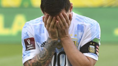 Lionel Messi gestures during the World Cup qualifier between Brazil and Argentina in São Paulo before it was suspended by Brazilian health authorities.