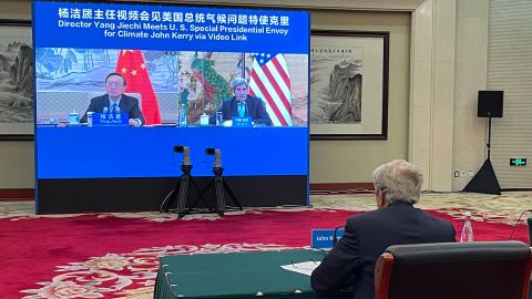 US Climate Envoy John Kerry attending a virtual meeting on September 2 in Tianjin, China, where he held climate talks with his Chinese counterpart.