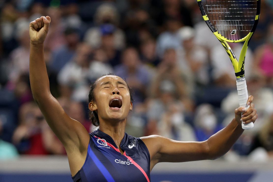 Leylah Fernandez celebrates match point against Angelique Kerber.