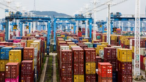 Containers are seen transported at Ningbo-Zhoushan port on August 15, 2021 in China. 