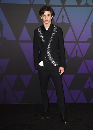 Chalamet's long-standing collaboration with Ackermann has brought an artistry to his looks, as seen in this unusual suit worn to the 2018 Academy of Motion Picture Arts and Sciences' 10th annual Governors Awards.