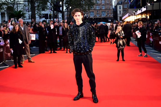 Chalamet continued to push the boundaries of what red carpet menswear could be, choosing this sparkling Louis Vuitton hoodie for the UK premiere of "The King."