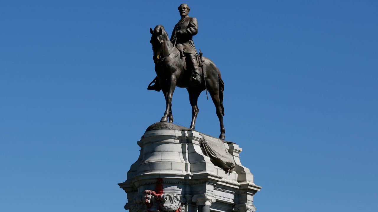 Robert E. Lee Monument is shown in Richmond, Va., on Thursday, Sept. 2, 2021.  The Supreme Court of Virginia has ruled unanimously that the iconic statue of Confederate Gen. Robert E. Lee can be removed from its place of honor in Richmond.  (Daniel Sangjib Min/Richmond Times-Dispatch via AP)