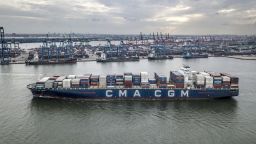A CMA CGM container ship departs Tianjin Port in Tianjin, China, on Sunday, Sept. 5, 2021. 