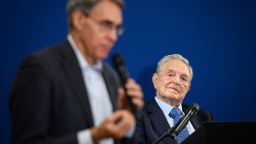 George Soros, right, listens to Human Rights Watch director Kenneth Roth after delivering a speech on the sidelines of the World Economic Forum (WEF) annual meeting, on Jan. 23, 2020 in Davos. 