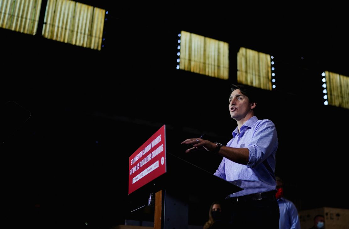 Trudeau delivers remarks at a campaign stop on September 6 in Welland, Ontario.
