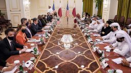 US Secretary of State Antony Blinken and Secretary of Defense Lloyd Austin meet with Qatari Deputy Prime Minister and Foreign Minister Mohammed bin Abdulrahman Al Thani and Qatari Deputy Prime Minister and Defense Minister Dr. Khalid bin Mohammed Al-Attiyah, at the Ministry of Foreign Affairs in Doha, Qatar on September 7, 2021. - Blinken is meeting with Qatari leaders to thank the nation for its support in the Afghanistan evacuation efforts and to discuss the future of US-Afghanistan relations. (Photo by Olivier DOULIERY / POOL / AFP) (Photo by OLIVIER DOULIERY/POOL/AFP via Getty Images)
