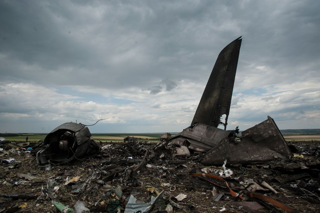 Remnants of a downed Ukrainian army aircraft lie near Luhansk, Ukraine, in June 2014. Ukrainian officials said it was shot down by pro-Russian separatists, killing all 49 service personnel on board.