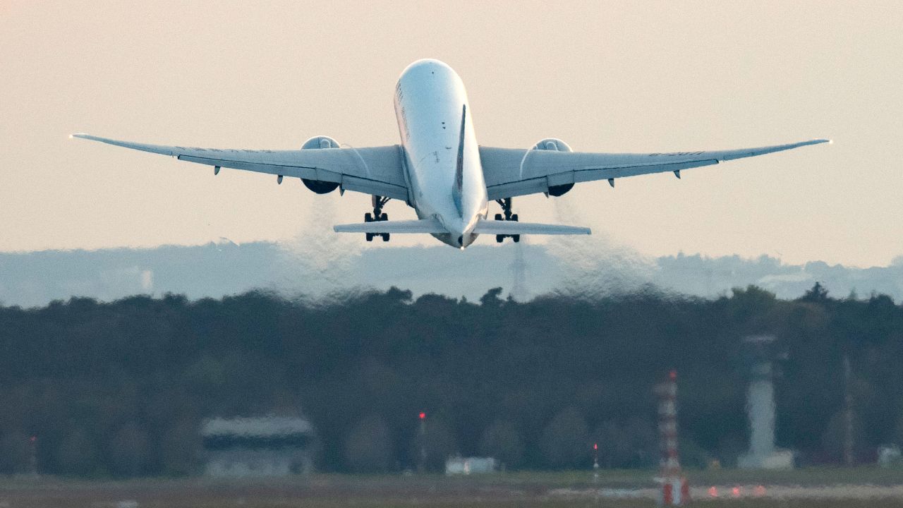 A passenger plane takes off from Frankfurt Airport on April 29, 2021. 
