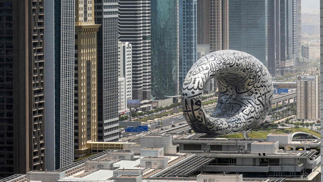 <strong>Marvel at the Museum of the Future -- </strong>The intricately decorated Museum of the Future opened in 2022. Its squashed donut shape is constructed of nearly <a href="https://www.museum-of-future-tickets.com/" target="_blank" target="_blank">2,400 fiberglass and stainless steel panels</a>, adorned with Arabic calligraphy. 