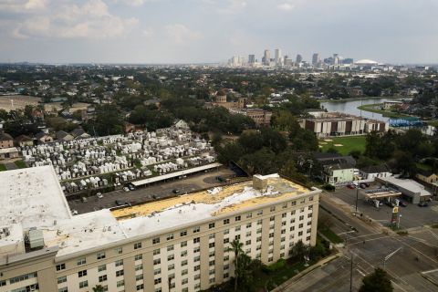 Damage is seen on the roof of a New Orleans apartment complex on Sunday, September 5. Elderly residents were still living at the building with water-soaked carpets and no power, a week after Hurricane Ida made landfall in Louisiana.