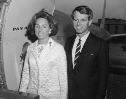 Then-Democratic Sen. Robert F. Kennedy (1925-1968) of New York and his wife, Ethel, prepare to board an airplane for San Juan, Puerto Rico, where Kennedy received an honorary degree from the Inter-American University, JFK International Airport, New York City, March 1966.