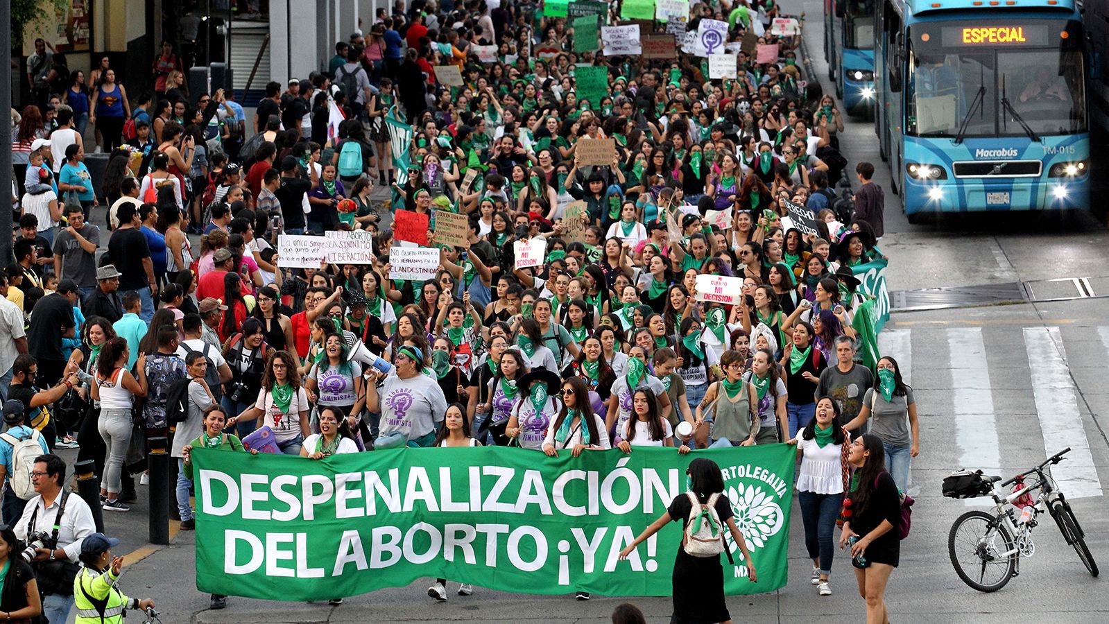 Activists supporting the decriminalization of abortion in Mexico march in Guadalajara, Mexico, on September 28, 2019.