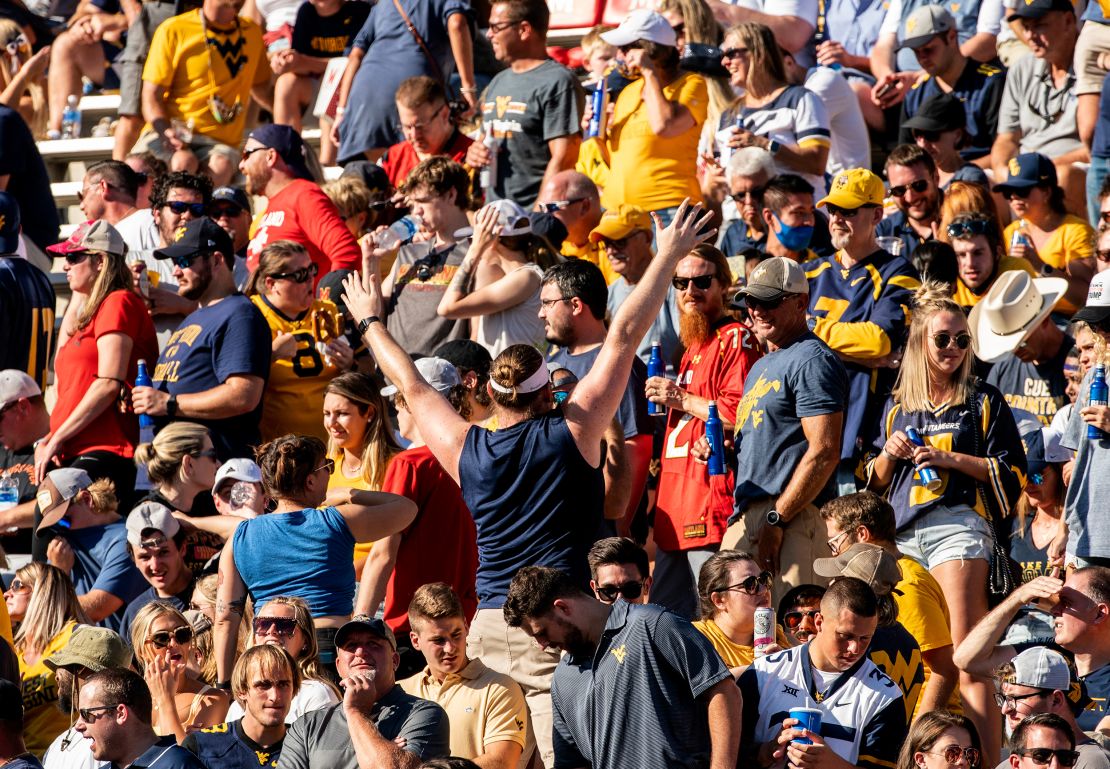 Fans at a college football game between the Maryland Terrapins and the West Virginia Mountaineers on September 04, 2021.