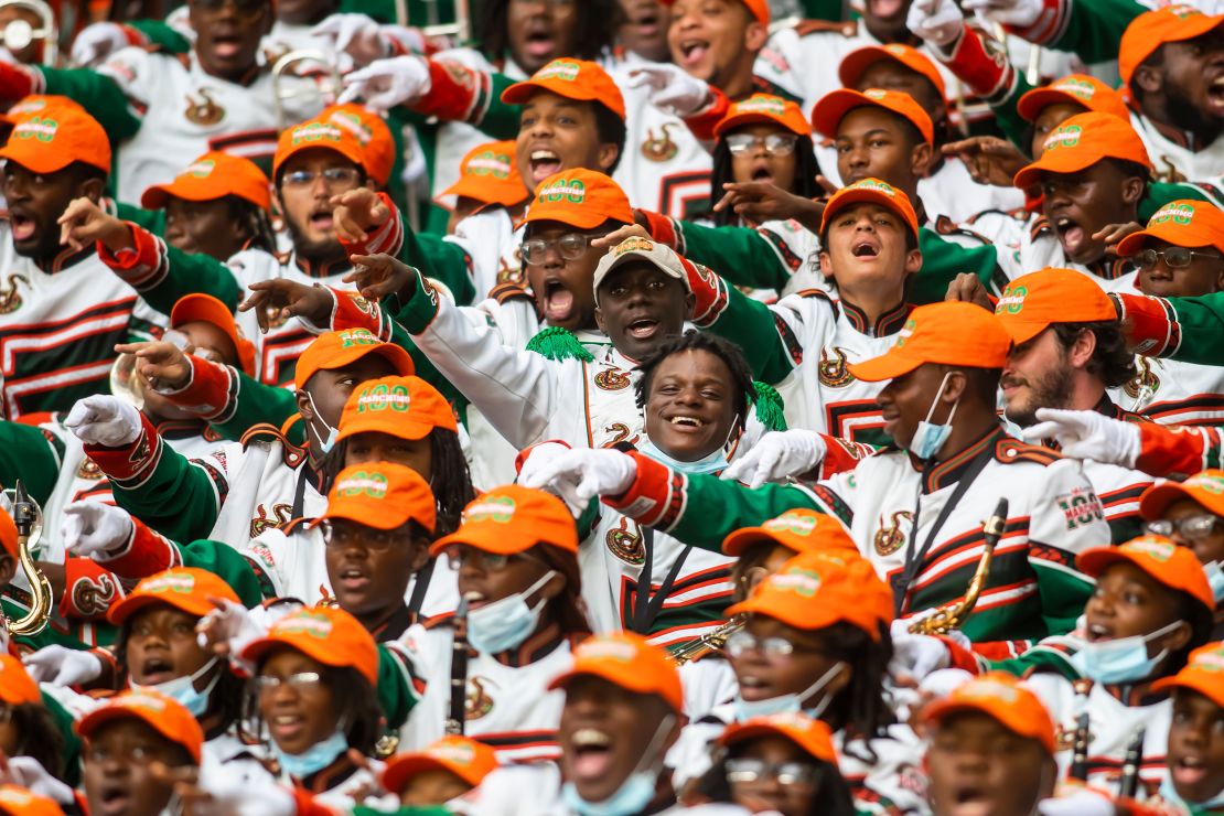 Members of the Marching 100 hype up the crowd during the Orange Blossom Classic game between the Florida A&M Rattlers and the Jackson State Tigers on Sunday September 5th, 2021.
