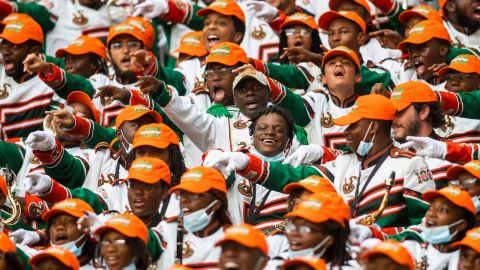 Members of the Marching 100 hype up the crowd during the Orange Blossom Classic game between the Florida A&M Rattlers and the Jackson State Tigers on Sunday September 5th, 2021.