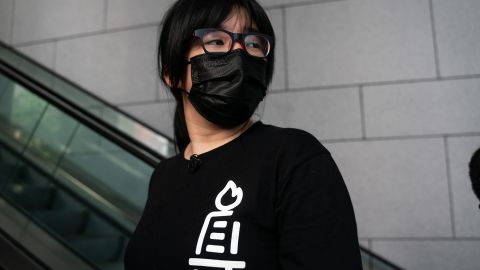 Chow Hang-tung, vice chairwoman of the Hong Kong Alliance in Support of Patriotic Democratic Movements of China, arriving at police headquarters on September 7 in Hong Kong.