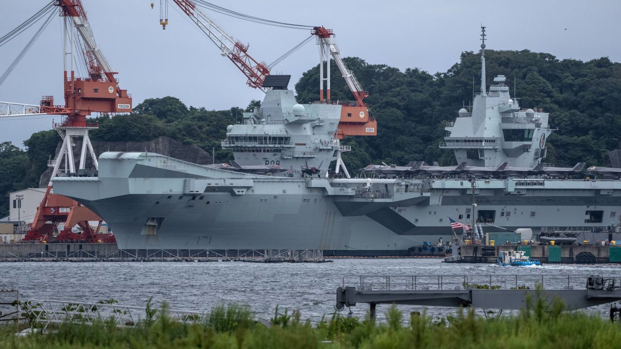 The British Royal Navy aircraft carrier HMS Queen Elizabeth is docked at Yokosuka Naval Base in Japan on September 5, 2021.
