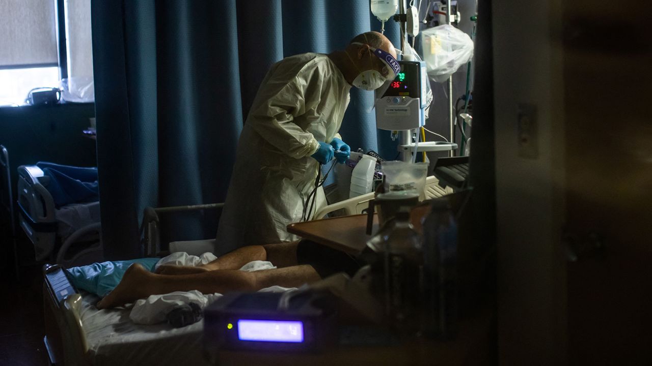 Doctor Delkhah Shahin checks on a 34 year old, unvaccinated Covid-19 patient at Providence Cedars-Sinai Tarzana Medical Center in Tarzana, California.
