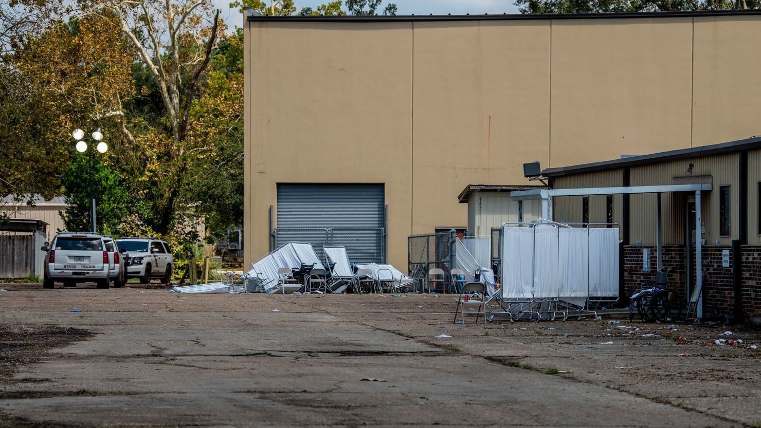 Wheelchairs and medical equipment are seen September 3 outside an evacuation center used to house nursing home residents in Independence, Louisiana.