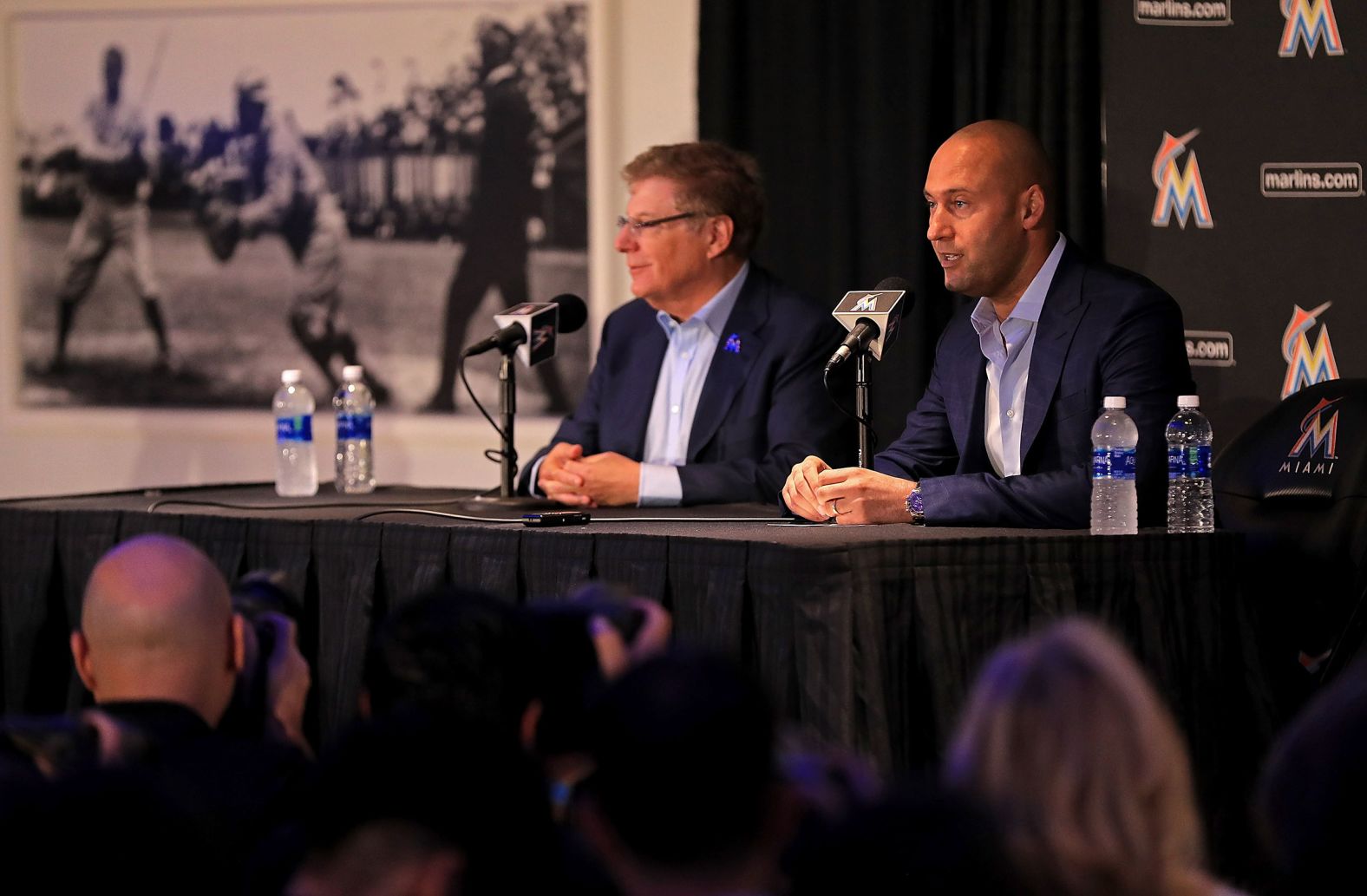 Jeter became CEO and part owner of the Miami Marlins in 2017. Here, he speaks to the media along with principal owner Bruce Sherman in October 2017.
