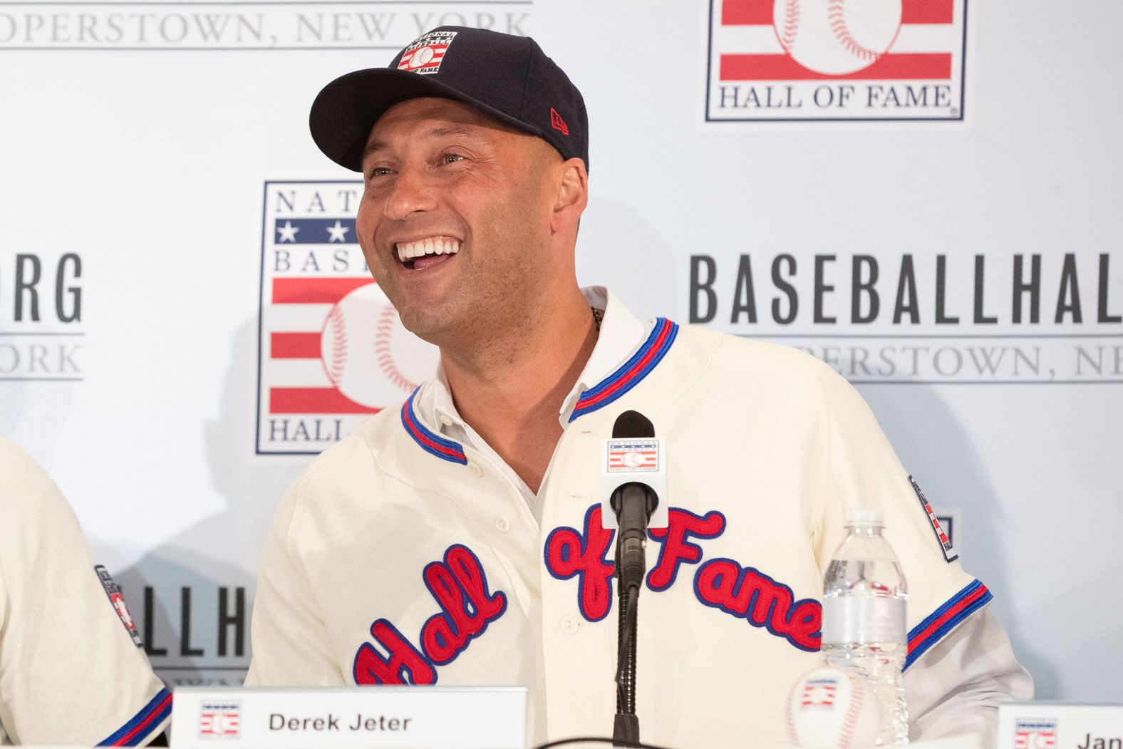 Jeter speaks to the media after it was announced that <a href="index.php?page=&url=https%3A%2F%2Fwww.cnn.com%2F2020%2F01%2F21%2Fus%2Fbaseball-hall-of-fame-elections-derek-jeter-larry-walker%2Findex.html" target="_blank">he had been elected to the Baseball Hall of Fame</a> in 2020. He was one vote away from being the second player ever to be unanimously elected.