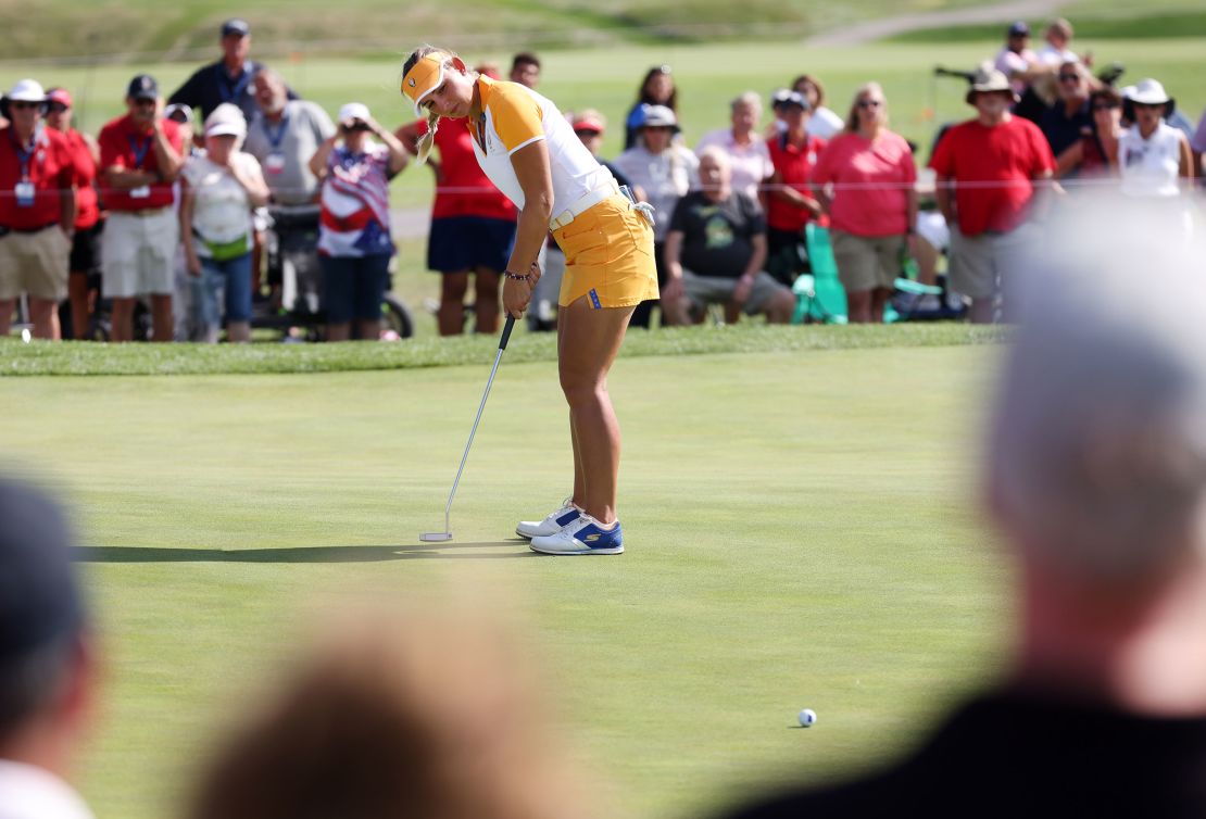 Pedersen putts on the 12th hole during the fourball match on day two of the Solheim Cup.