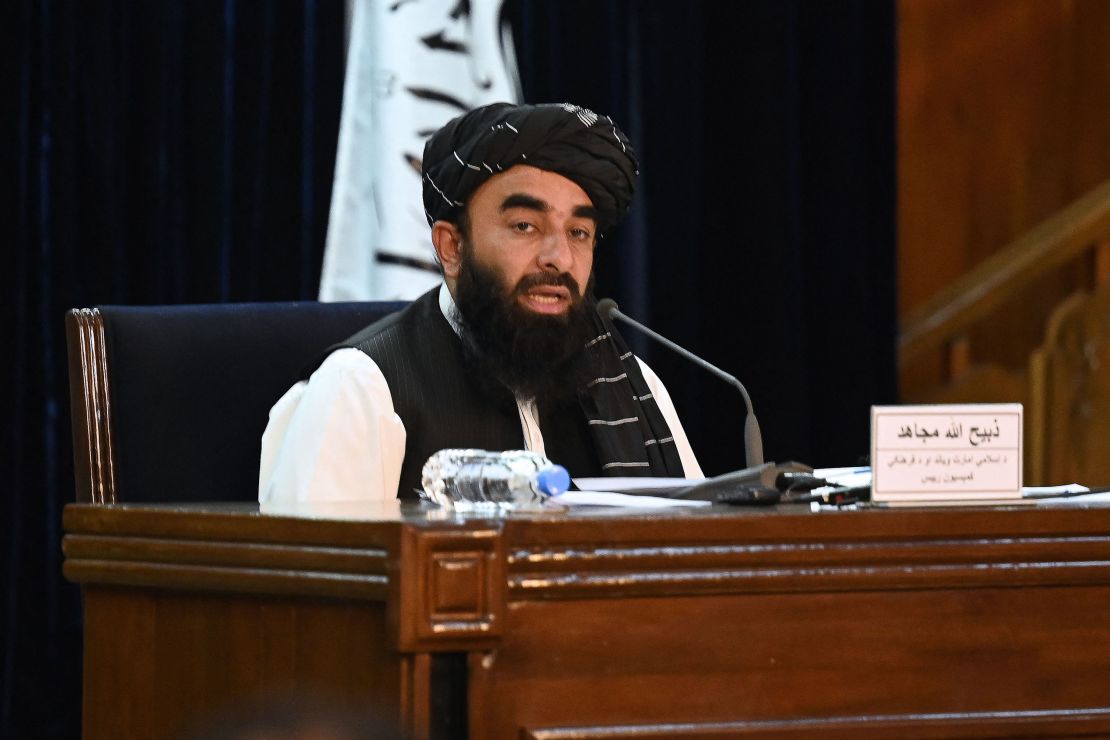 Taliban spokesman Zabihullah Mujahid addresses a news conference in Kabul on September 7, 2021.