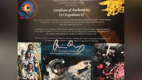 The Keller family received this signed certificate to mark Cassidy's space station mission.