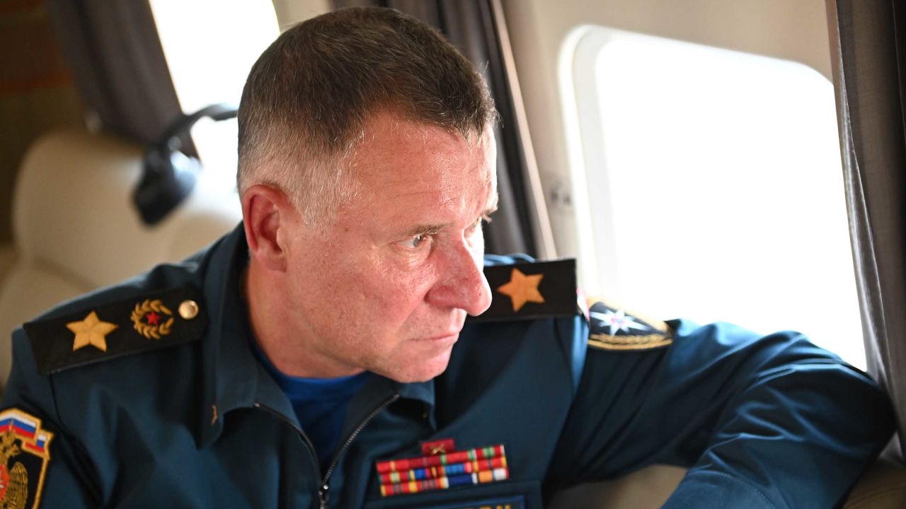 A file photograph of Russian Emergencies Minister Yevgeny Zinichev on August 6, 2021, aboard a helicopter surveying damage from wildfires in some areas of the Chelyabinsk region, Russia. 
