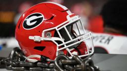 CHARLOTTE, NC - SEPTEMBER 04: A Georgia Bulldogs helmet rests on the equipment bench during the game between the Clemson Tigers and the Georgia Bulldogs on September 4, 2021 at Bank of America Stadium in Charlotte, NC. (Photo by William Howard/Icon Sportswire via Getty Images)