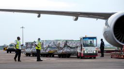 A batch of the Moderna COVID-19 vaccines arrives at Entebbe International Airport in Entebbe, Uganda, Sept. 6, 2021. Uganda on Monday received 647,080 doses of the Moderna vaccine through the COVAX facility, which the country says will boost the COVID-19 vaccination drive.