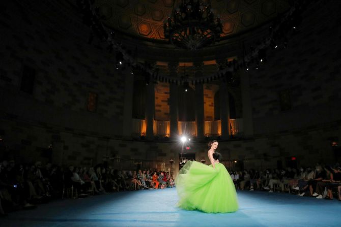 Neon shades appeared throughout Christian Siriano's Spring-Summer 2022 collection, including this vibrant tulle ballgown. 