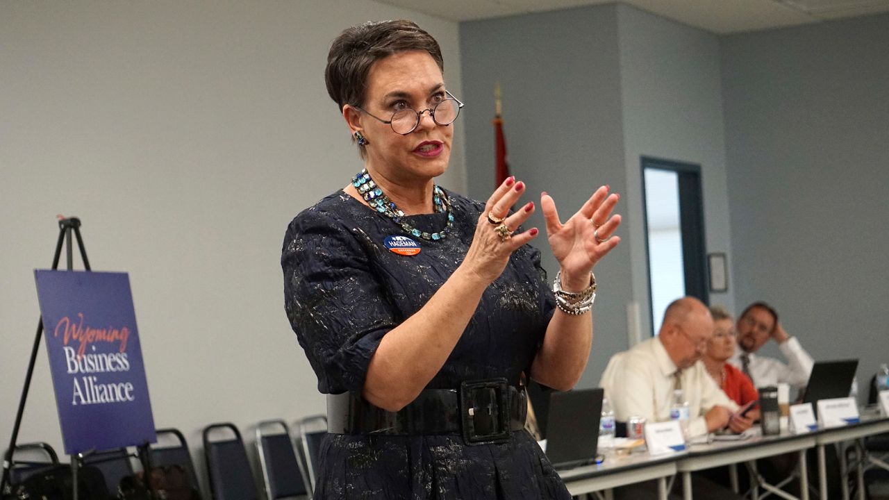 Harriet Hageman addresses a meeting in May 2018 of the Wyoming Business Alliance in Casper, Wyoming.