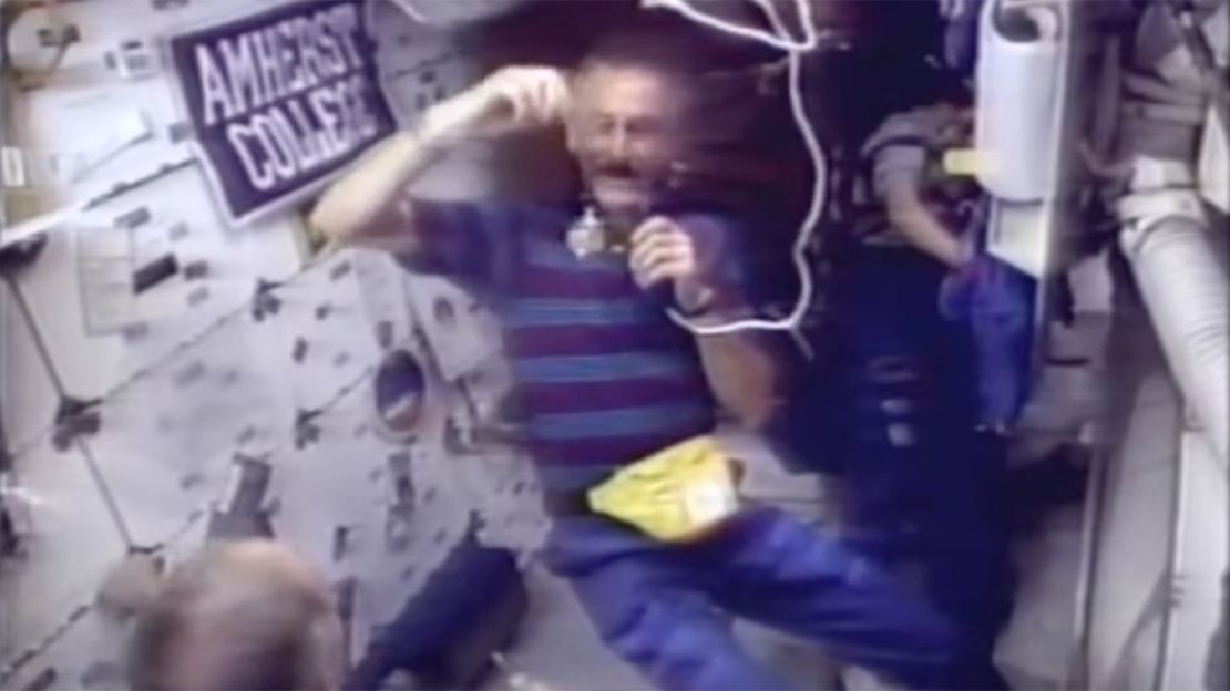 Jeffrey Hoffman, NASA's first Jewish male astronaut, seen spinning a dreidel during a shuttle mission in 1993.