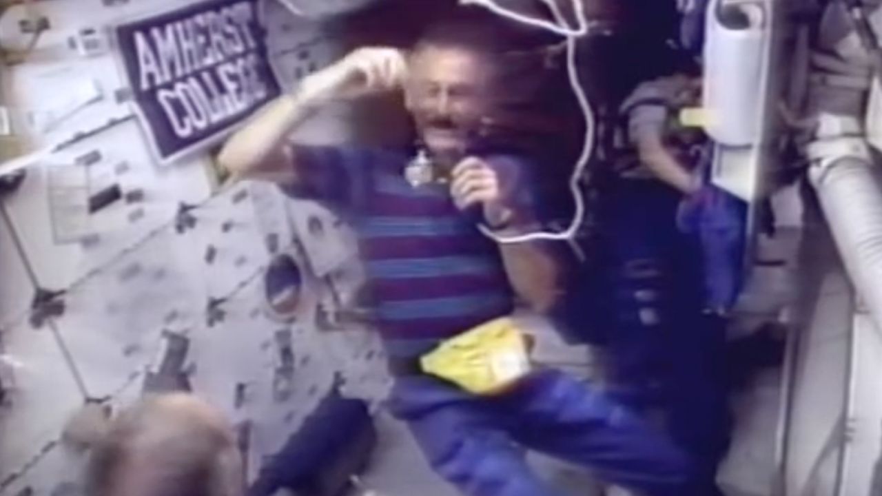Jeffrey Hoffman, NASA's first Jewish male astronaut, is seen spinning a dreidel during a shuttle mission in 1993.