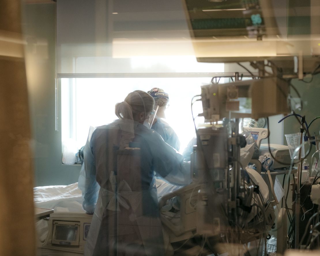 Nurses check on a Covid-19 ICU patient at NEA Baptist Memorial Hospital in Jonesboro, Arkansas.