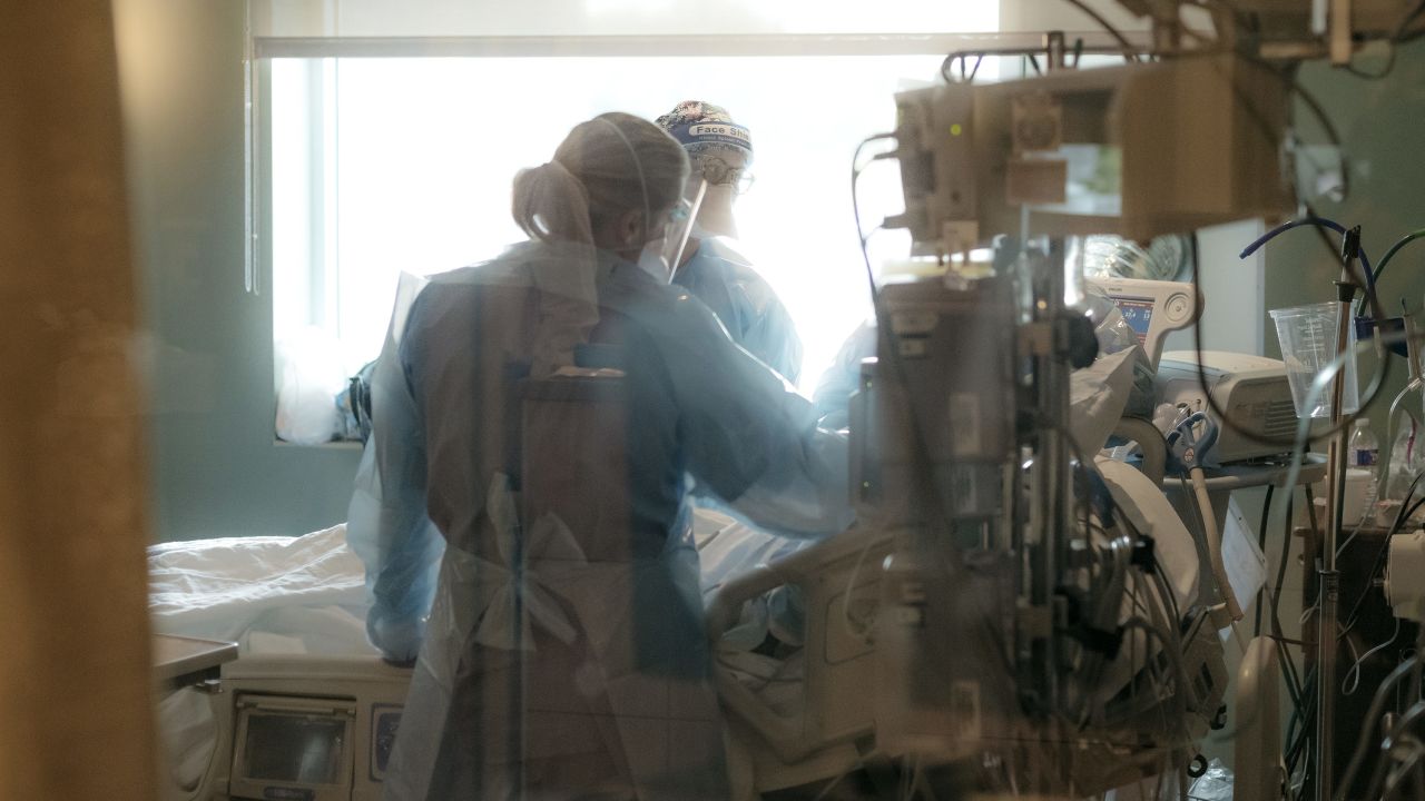 Nurses check on a Covid-19 ICU patient at NEA Baptist Memorial Hospital in Jonesboro, Arkansas.