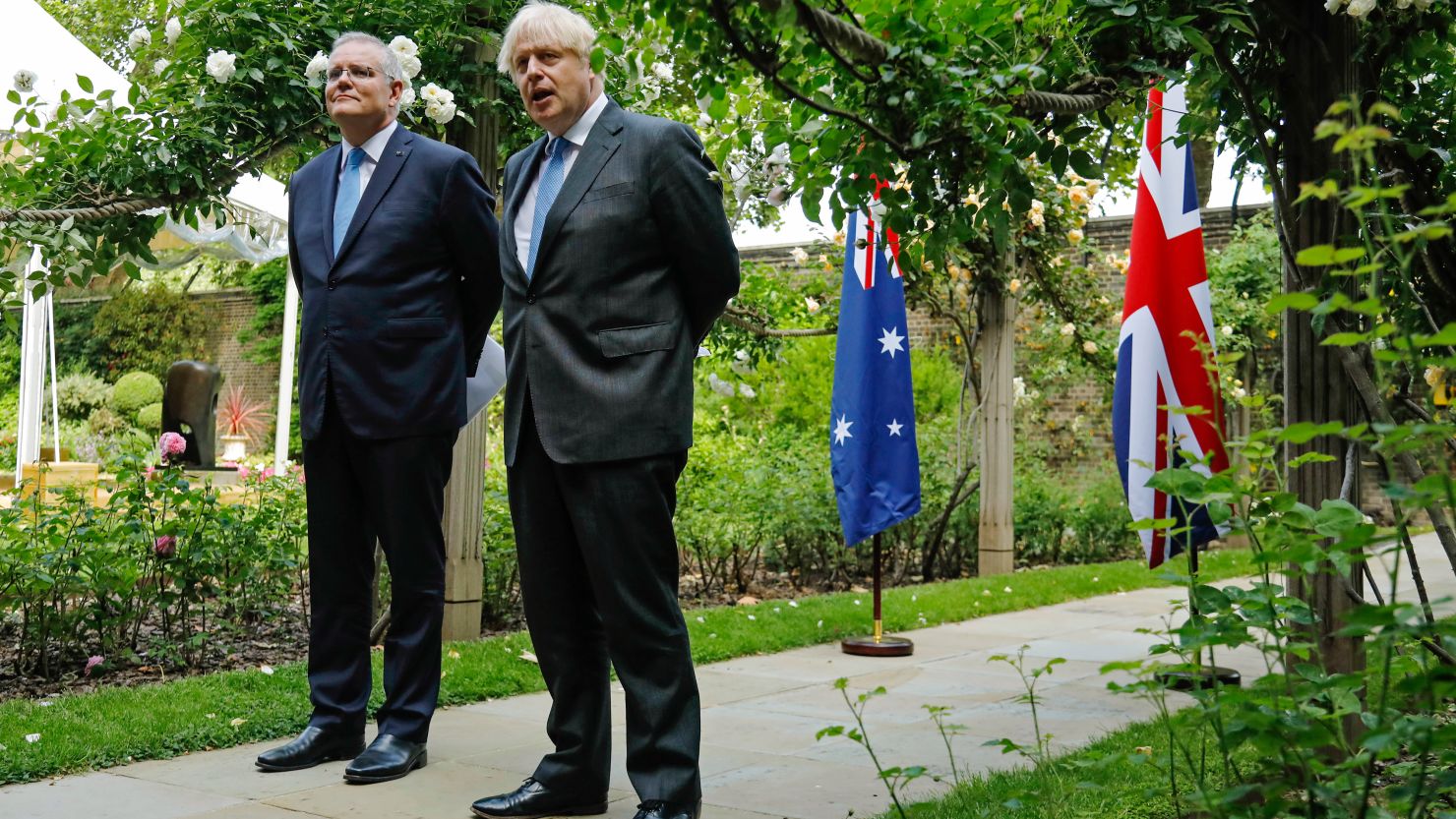 Prime Minister Scott Morrison and UK Prime Minister Boris Johnson in the garden of 10 Downing Street, London, on June 15, 2021. 