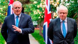 Prime Minister Boris Johnson with Australian Prime Minister Scott Morrison in the garden of 10 Downing Street, London, on June 15, 2021. 